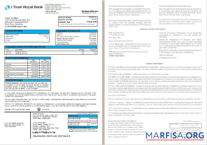 Realistic Cambodia J Trust Royal bank mortgage statement, 2 pages, 1 2 scr template